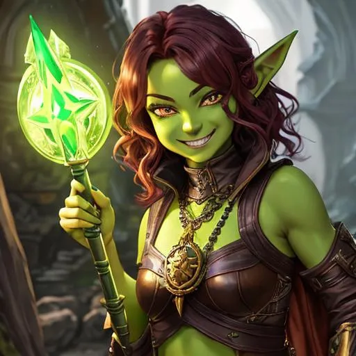 Prompt: oil painting, D&D fantasy, green-skinned-goblin girl, green-skinned-female, small, beautiful, short dark red hair, wavy hair, smiling, pointed ears, fangs, looking at the viewer, cleric wearing intricate adventurer outfit, #3238, UHD, hd , 8k eyes, detailed face, big anime dreamy eyes, 8k eyes, intricate details, insanely detailed, masterpiece, cinematic lighting, 8k, complementary colors, golden ratio, octane render, volumetric lighting, unreal 5, artwork, concept art, cover, top model, light on hair colorful glamourous hyperdetailed medieval city background, intricate hyperdetailed breathtaking colorful glamorous scenic view landscape, ultra-fine details, hyper-focused, deep colors, dramatic lighting, ambient lighting god rays, flowers, garden | by sakimi chan, artgerm, wlop, pixiv, tumblr, instagram, deviantart