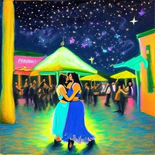 Prompt: Album Cover, Outside Night Club, Latina Best Friends Dancing, Pastels, Monet and Van Gogh designed, Under Stars