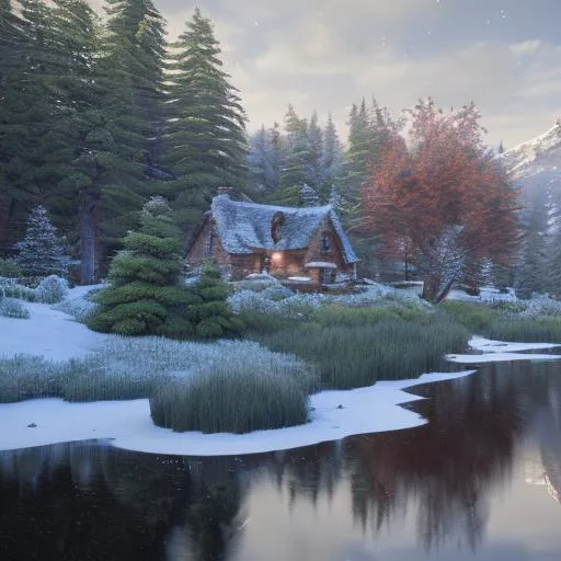 Prompt: Bob Ross style-A snowscape with evergreens and an english cottage , a small pond with a small foot 
bridge and geese