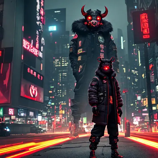 Prompt: a person standing in a tactical coat with fur around the neck on a roof, wearing an oni face mask, glowing eyes, , cyberpunk style city, night