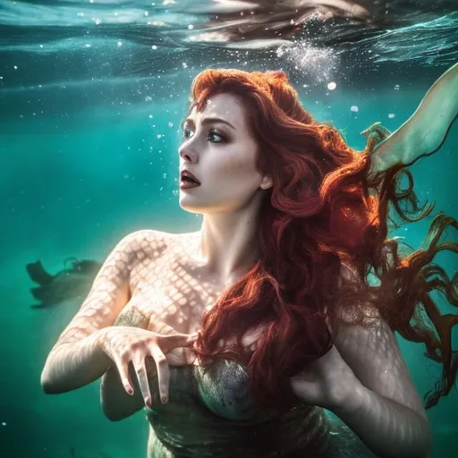Prompt: photo realistic, professional photo of a  beautiful siren killing a man underwater and holding his heart