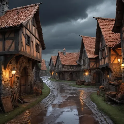 Prompt: Weathered Warhammer fantasy RPG style village, close-up view, in night, high definition, dark atmosphere, eerie atmosphere, detailed weathering, medieval fantasy, worn stone buildings, orange roof tiles, intricate wooden structures, rugged terrain, overcast sky, dramatic lighting, high quality, detailed, RPG style, village setting, medieval, weathered textures, intricate details, after rain, muddy road, cart with manure