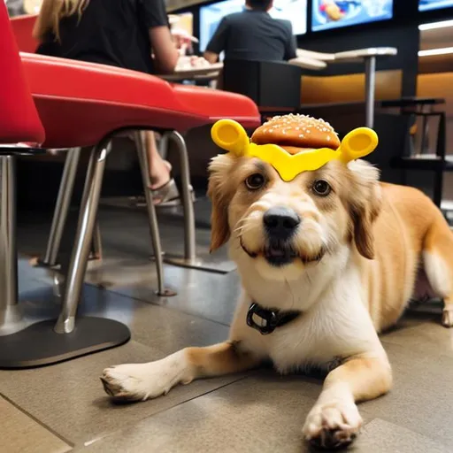 Prompt: A dog at mac donalds eating a burger