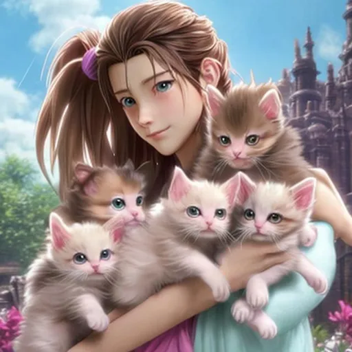 Prompt: Aerith from Final Fantasy holding some kittens