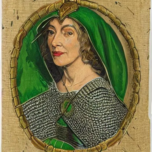 Prompt: portrait of a middle-age woman, chainmail armor, spear, green cape, very detailed 