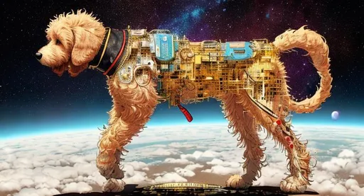 Prompt: sticker of golden doodle puppy meditation in multi universal space got release from news, full body, Kim Jung gi, freedom, soul, digital illustration, comic style, cyberpunk, perfect anatomy, centered, approaching perfection, dynamic, highly detailed, watercolor painting, artstation, concept art, smooth, sharp focus, illustration, art by Carne Griffiths and Wadim Kashin ,