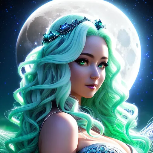 Prompt: Fantasy style realistic portrait, ethereal moon goddess, ((waist length curly white hair)), skimpy dress, Stary night-time green fantasy background, moon shining bright, a hyper realistic detailed image, covered in nightly glow. Looking straight ahead, body facing camera, camera top third of image, perfect composition, super detailed, sharp focus HDR, UDR, 120k, 