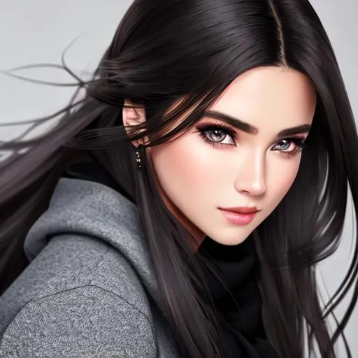 Prompt: 8k resolution ultra realistic picture of a beautiful girl, wearing elegant clothing, long black hair, beautiful grey eyes, 