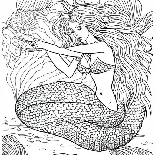 Prompt: Outline art of a mermaid for coloring book, detailed outline, no shadow.