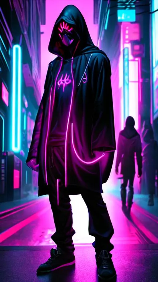 Prompt: Quality, hooded figure, selling their soul, neon back lighting, 8k, cyberpunk, Ludos Animae