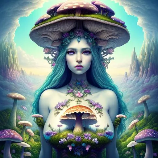 Prompt: pop surrealism, beautiful, giantess, colossal goddess, landscape, detailed, floral, fantasy, landscape, floral, mushrooms, soft, pretty visuals, aestheticfull body and face focus, intricate details, exceptional detail, fantasy, ethereal lighting, hyper sharp, sharp focus, photorealistic portrait, detailed face, highly detailed, realistic, hyper realistic, colorful, unreal engine, Ultra realistic large chest, athletic body, Highly detailed photo realistic digital artwork. High definition. Face by Tom Bagshaw and art by Sakimichan, Android Jones" and tom bagshaw, Biggals, beautiful face, beautiful body, beautiful eyes, beautiful hair, smooth textures,is a digital painting with vibrant colors and exceptional detail, created using 3DS Max, AppGameKit, and Behance HD.

