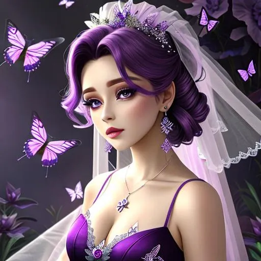 Prompt: Ethereal beauty, purple color scheme, butterflies