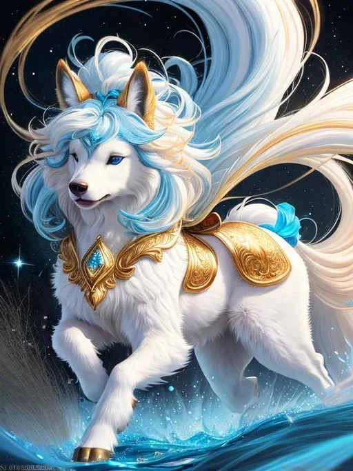 Prompt: remove hair, remove fur, remove tail, remove text, (16k, 8k, 3D, ultra high definition, full body focus, very detailed, masterpiece, detailed painting, ultra detailed background, UHD character, UHD background) character design portrait of a beautiful medium-sized female {quadruped} with wind powers, golden-white fur and golden hairs, vivid crystal-blue eyes, long blue diamond ears with royal blue and magenta interior, (sapphire sparkling rain), cute fangs, majestic like a wolf, playful like a fox, energetic like a deer, calm and inviting smile, ears of blue point siamese cat,  golden retriever face, fur speckled with sapphire crystals, fluffy mane, insanely detailed fur, insanely detailed eyes, insanely detailed face, standing in fantasy garden, atmosphere filled with (sparkling rain) and (flower petals), pink and cyan flowers, cherry blossoms, mountains, auroras, pink twilight sky, Sylveon