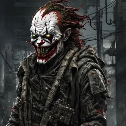 Prompt: Redesigned Gritty dark camouflage. Intense futuristic military commando-trained villain Todd McFarlane's joker Spawn. Bloody. Hurt. Damaged mask. Accurate. realistic. evil eyes. Slow exposure. Detailed. Dirty. Dark and gritty. Post-apocalyptic Neo Tokyo with fire and smoke .Futuristic. Shadows. Sinister. Armed. Fanatic. Intense. 