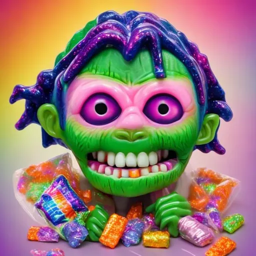 Prompt: Miniature Frankenstein doll holding Halloween candy in the style of Lisa frank