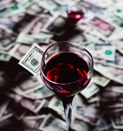 Prompt: money stained with wine on a white bed, photorealistic, detailed, dramatic