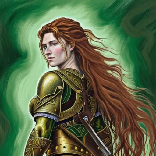 Prompt: Painting of a Celtic warrior queen with reddish-brown hair flowing down her back, green eyes, and wearing a golden torque