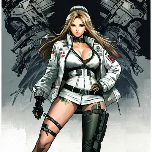 Prompt: (((Yoji Shinkawa))), High quality cell shaded illustration in post apocalyptic style by Yoji Shinkawa, sticker of ultra detailed portrait of melania trump from Ninja Gaiden in white pencil skirt, white tight jacket, white broad-brimmed high block hat. ((full body)), hourglass body shape, Detailed balayage hair, dynamic pose, perfect anatomy, centered, cell shading, 4k, cinematic dramatic atmosphere, watercolor painting, global illumination, detailed and intricate environment, artstation, concept art, fluid and sharp focus, volumetric lighting, cinematic lighting