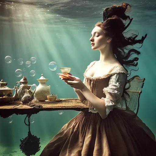 Prompt: woman in 18th century dress underwater having tea.  Hair, flowing fabric, bubbles.