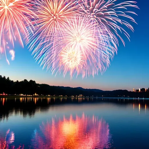 Prompt: fireworks over water with reflection, patriotic, uncle sam smiling