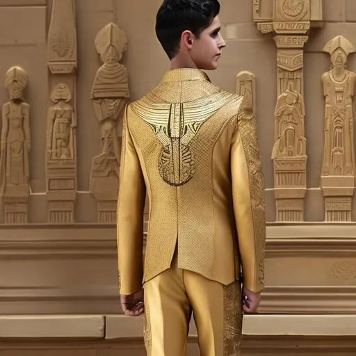 Prompt: A modern youth suit, golden color with Pharaonic engravings