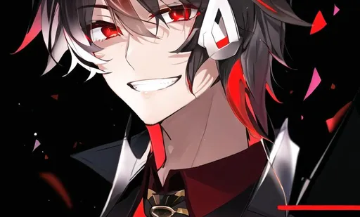 Prompt: Damien (male, short black hair, red eyes) grinning