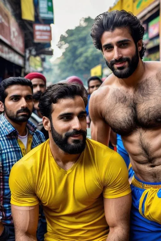 Prompt: a scene of crowded delhi street, "two kashmiri hyperreal handsome rugged cute hairy hunk", "fighting" yellow sportswear, smile, detailed, hyperreal, sitting, arena, perfect composition, hyperrealistic, super detailed, 8k, high quality, trending art, trending on artstation, sharp focus, studio photo, intricate details, highly detailed, by greg rutkowski
