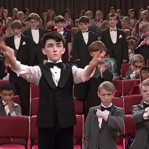 Prompt: 13 year old boy in a tuxedo stands up in the audience and casts a crazy magic spell on the actors by stretching his magic bow tie 