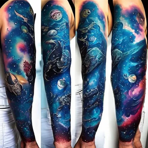 Prompt: oceanic space themed full sleeve arm tattoos