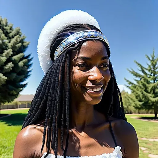 Prompt: (Hyperrealistic highly detailed sharp full body photography of a mature ebonian sorceress princess casting minor spells)
Strong-willed, confident, amused. White lunar headband. Clear sky. Midday. Outside. Moon.