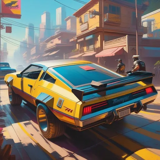 Prompt: Cyberpunk 2077, car chase, cops, cartoony, sunny atmosphere, extremely detailed painting by Greg Rutkowski and by Henry Justice Ford and by Steve Henderson