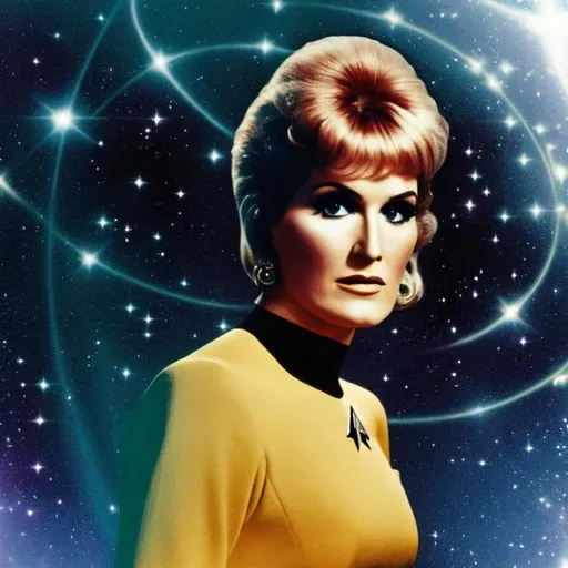 Prompt: A portrait of Dusty Springfield, wearing a Starfleet uniform, in the style of "Star Trek the Next Generation."