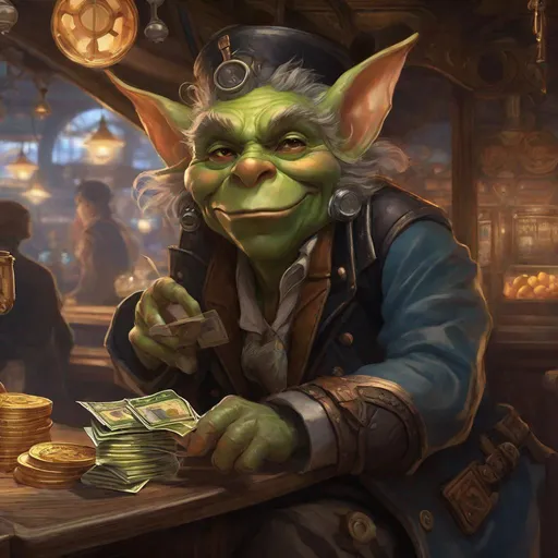 Prompt: 3-quarters portrait of a goblin sitting behind a betting stand, hand out for money, steampunk, highly detailed, digital painting, low light, indoors, scrappy, art by Stanley Lau and Artgerm and magali villeneuve and Alphonse Mucha, artstation, octane render, cgsociety
