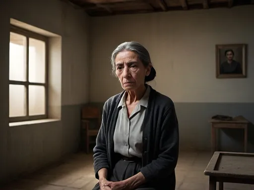 Prompt: Ana de Mendoza, a tragic figure in her final years, frail and contemplative, in a sparsely furnished room with minimal decoration, wearing plain attire suited for imprisonment, with the cold and stark atmosphere of her confinement clearly evident in the background, hyper-realistic, photo realism, cinematography --ar 9:16"