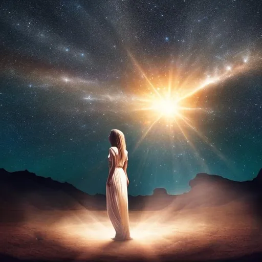 Prompt: a woman stand in the middle of nowhere looking up towards the light and on the ground beside her 
sleeping a newborn baby surrounded by sun and comets with a trail of magic fairy dust 