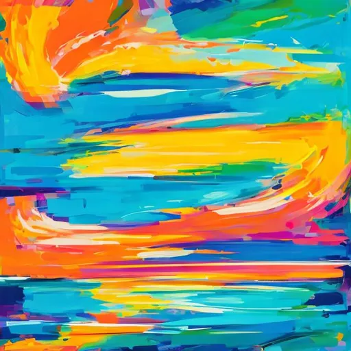 Prompt: "Generate a vibrant and dynamic abstract artwork inspired by the energy of a summer sunrise over a tropical beach. Use bold, contrasting colors and expressive shapes to convey the sense of warmth, tranquility, and excitement in the scene."