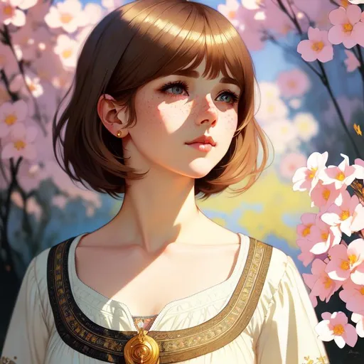 Prompt: Cute girl with freckles, short hair, dark blonde, breton dress, intricate, detailed face. by Ilya Kuvshinov and Alphonse Mucha. Dreamy, pastel colors, honey