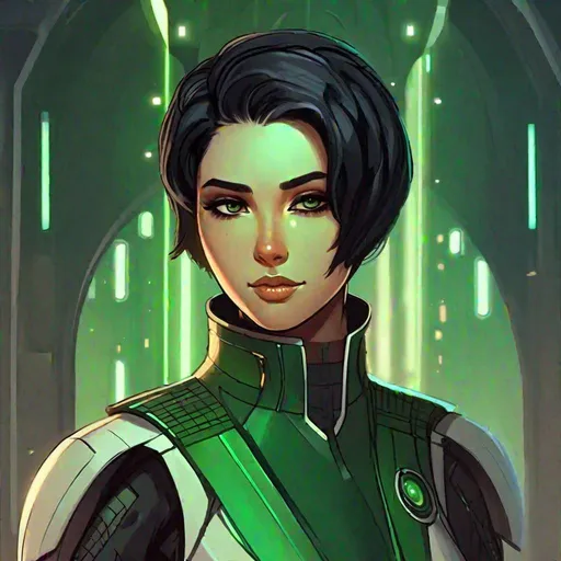 Prompt: A male scifi female mandalorean cyborg. she has short black hair. mandalorean uniform. she has green skin. Handsome. well drawn face. detailed. star wars art. 2d art. 2d