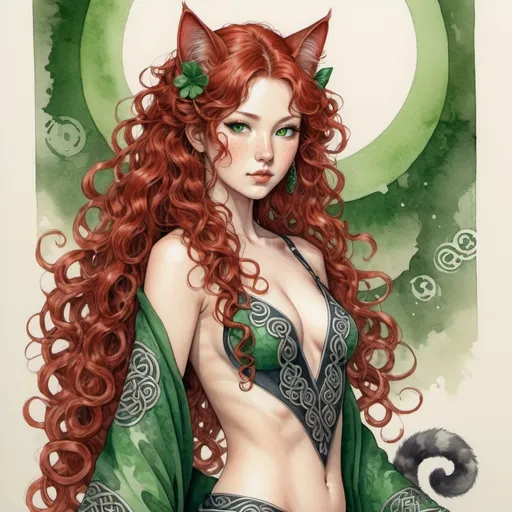 Prompt: Japanese ink art, full body view, Celtic woman with cat ears and tail, long red curly hair, detailed green eyes, detailed skin texture, detailed Japanese background, diffused lighting, delicate, artistic, beautiful, 