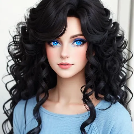 Prompt: a woman with long curlly, dark hair, blue eyes