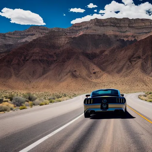 Prompt: Mustang driving into the distance in Utah 
