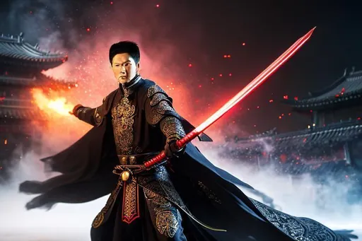 Prompt: Chinese Wuxia-Themed Depiction of a Sith Lord, Hyperrealistic Digital Artwork, Fusing Martial Arts and Dark Power, Camera: High-Resolution DSLR, Shot: Dynamic Pose, Rendered with Lifelike Details and Intricate Costume, (hyperrealistic digital artwork:1.2), (chinese wuxia-themed:1.1), (depiction of a sith lord:1.14), (martial arts and dark power:1.1), (high-resolution DSLR:1.08), (dynamic pose:1.1), (lifelike details:1.1), (intricate costume:1.1), menacing bald male head without helmet,