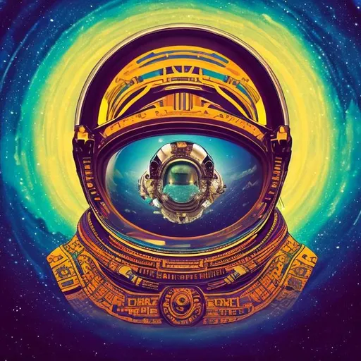 Prompt: an astronaut helmet reflecting a loop, horizon above the helmet, trippy, andean motives, inca motives, symmetrical, supay, duality, pacha
