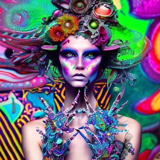 Prompt: In this whimsical and otherworldly photo shoot, we'll be capturing the essence of an acid pixie. Think neon colors, bold patterns, and a touch of edginess.

Our model will be dressed in a mix of vintage and modern pieces, with lots of layering and texture to create a sense of depth and complexity. Accessories like chunky jewelry, spiked heels, and colorful hair clips will add to the overall vibe.

The setting will be a mix of industrial and natural elements, with plenty of graffiti, metal, and concrete juxtaposed with lush greenery and blooming flowers. We'll be using colorful smoke bombs and neon lights to create an otherworldly atmosphere that really brings out the acid pixie's magical qualities.

Camera-wise, we'll be using a combination of wide-angle and macro lenses to capture both the expansive, surreal landscape and the intricate details of our model's outfit and makeup. We'll also experiment with slow shutter speeds and motion blur to create a sense of fluidity and movement.

Overall, this shoot will be a feast for the eyes, with bold colors, whimsical elements, and a touch of darkness. Are you ready to capture the magic of the acid pixie?