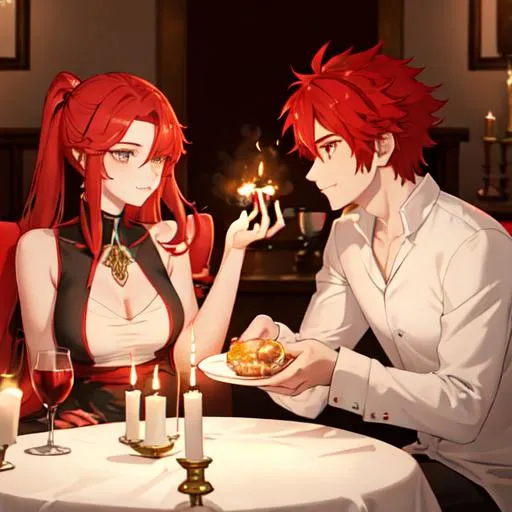 Prompt: Zerif 1male (Red side-swept hair covering his right eye) and Haley having a romantic candle lit dinner