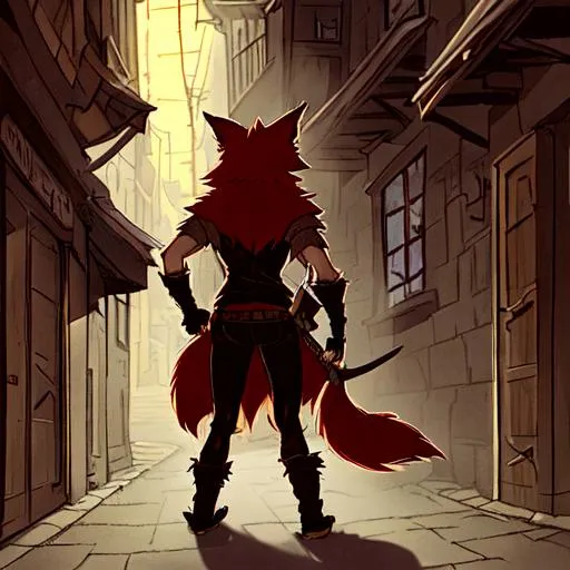 Prompt: Depict a fox rogue character stealthily emerging from a dark backstreet. . The character is male, has dark red fur  but a human face. He has fox ears and a fox tail.
