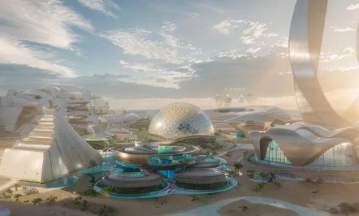 Prompt: Ultrarealistic 8k sunrise scene oasis campus of clean futuristic utopian city with lush greenery pastures and lakes in the middle of a desert dune, bronze finished architecture, shiny glass dome with futuristic projection mapping, high fidelity architecture render, intricate details, photorealism, volumetric lighting, Sci-Fi rendered in Unreal Engine 5