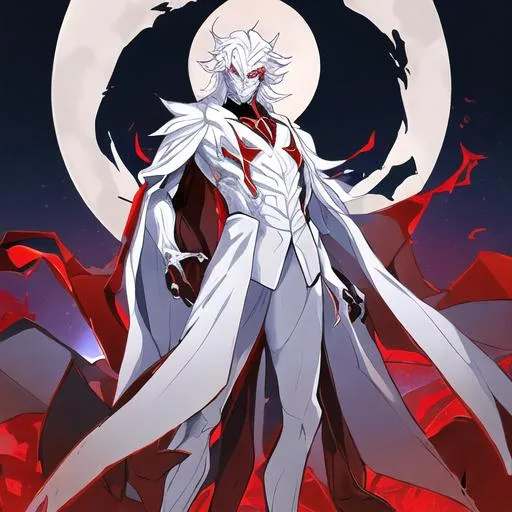 Prompt: One male figure, a humanoids monster made of flesh and bone with red eyes, full body, in a shape of a wizard in robes, standing with a determined air, wearing a mask, a anime boy with a body are as if it is made from porcelain, their hair is white and wear a suit beautiful flawless soft smooth skin, Moon Kingdom in the background, absolutely astonishing, razor-sharp focus, (masterpiece), volumetric lighting, light beams, bokeh, UHD, 16k, HDR, ((((best quality)))) beautiful detailed bright eyes glowing with infinite energy, beautiful shining hair, confident expression, she is