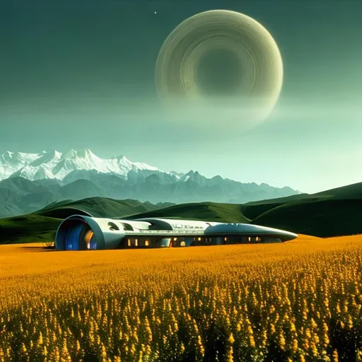 Prompt: a beautiful vista of rolling hills and alien flowers, with one prefabricated building, in the style of Star Trek. {Star Trek: The Next Generation}