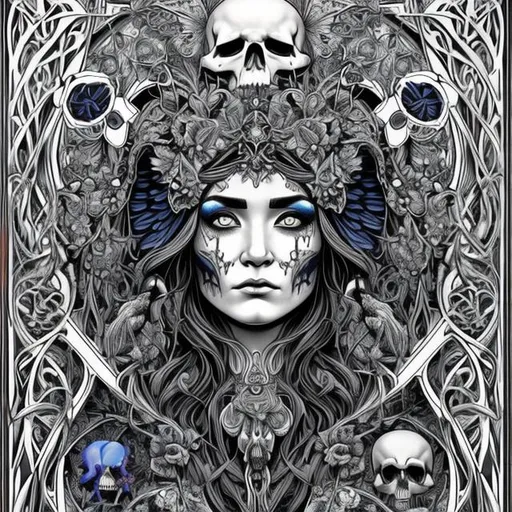 Prompt: ultra realistic coloring page with raven face goddess of death surrounded by dark blue butterfly's and skulls in art nouveau plus digital art style